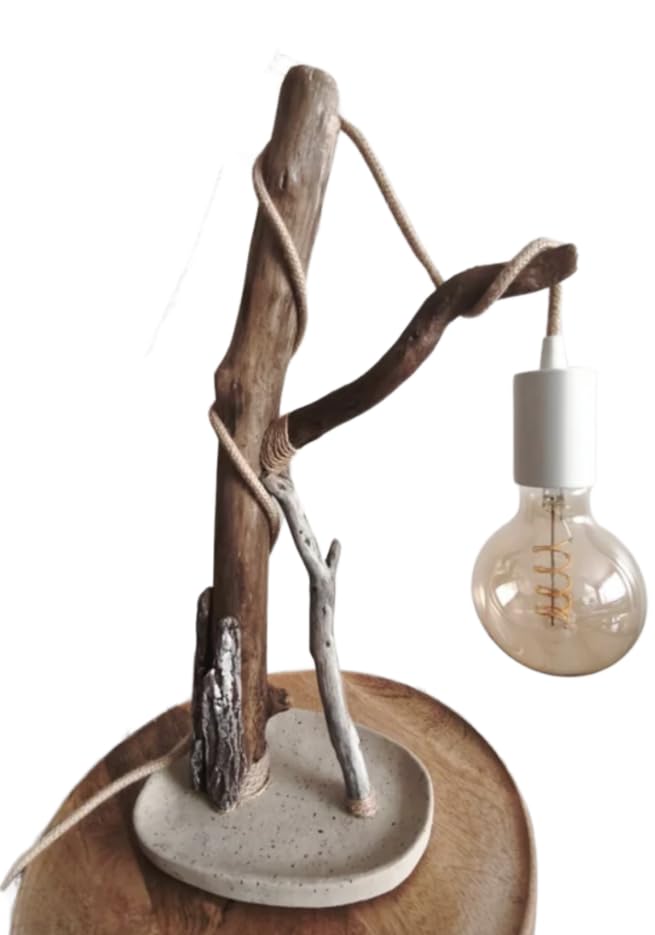 Lampe bois flotté cérusé blanc luminaire artisanat Sud de France socle E27