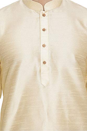 Image of Vastramay Men's Gold Curved Shape Pathani Style Silk Cotton Kurta - Mid-Length with Buttoned Cuff, Soft & Comfortable Ethnic Wear