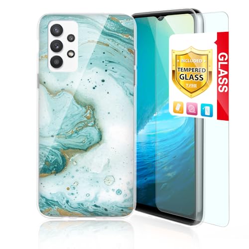 TJS Compatible with Samsung Galaxy A32 5G Case, with [Tempered Glass Screen Protector] Slim TPU Matte Color Marble Transparent Clear Soft Skin Phone Case Protector Cover (Green)