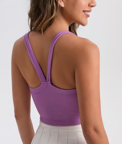Image of Tank Tops for Women Scoop Neck Crop Tops Athletic Workout Tops Cute Seamless Cami Ribbed Tank Top