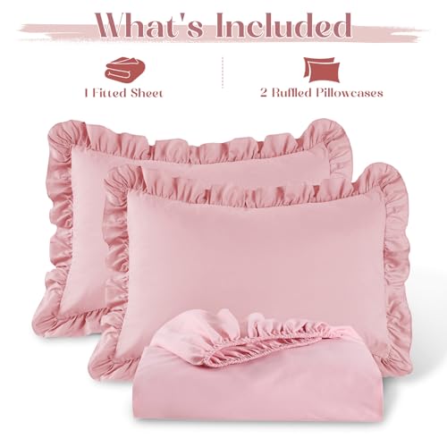 Image of Homiest 3-Pieces Ruffle Pillow Case & Fitted Sheet Set, Light Pink Queen Sheets with 2 Ruffled Pillow Shams, 15 Inch Deep Pocket, Cute & Coquette Microfiber Bed Set for Decorating Bedroom Hotel