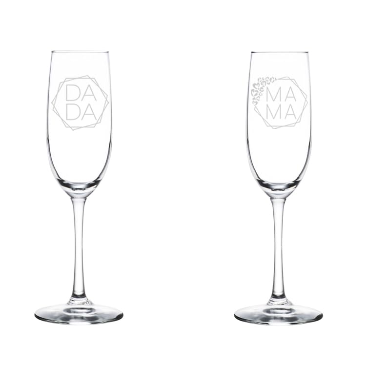 Set of 2 Glass Champagne Flutes Sparkling Wine Glasses Gift Mama Dada New Mom and Dad New Parents Pregnancy Announcement Baby Shower (8 oz Stemmed)
