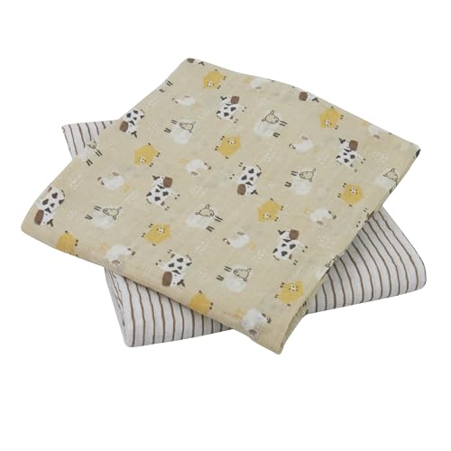 Image of Chick Pea Muslin Baby Blanket for Boy Large 36x40 2pack Brown Farm Animals Striped