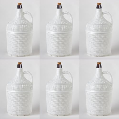 Pack 6 Garrafas Damajuanas Garrafones 5 litros Cristal Forrado Plástico Blanco Alto Gramaje, Corcho Natural Ajuste Perfecto con Recambios Corcho