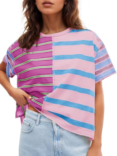 Tankaneo Womens Summer Striped Shirts Casual Color Block Short Sleeve Tops Loose Fit Crew Neck Tees Pink