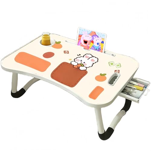 Hxuolue折りたたみテーブル 幼児勉強机 漫画 子供 テーブル ローテー ブル ベッドテーブル ミニ 折り畳み ベッド 机 小さい机 パソコンデスク ラップデスク 引き出し/携帯電話・タブレットホルダー/カップホルダー付き ソファ インストールは不要で
