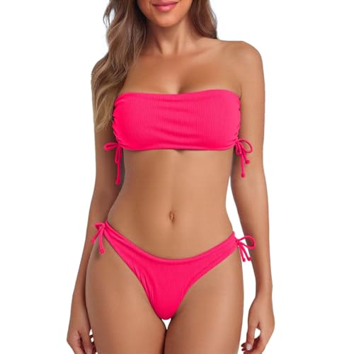 TianGiKi 2 Piece Bathing Suits for Women Strapless Tie Side Ribbed Bikini Set Cheeky High Cut Swimsuits Fashion Sexy Swimwear Hot Pink