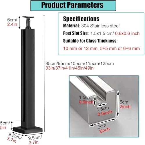Poste de acero inoxidable para barandilla de vidrio negro de 85 cm y fijación de escaleras 3