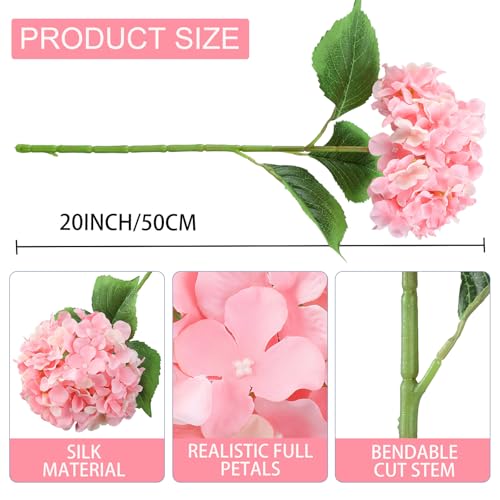 6 Pcs 20" Silk Hydrangeas Flower, Hydrangea Artificial Flowers, Long Stems Large Faux Dried Floral Real Looking Fake Bouquet for Living Room Porch Wreath Xmas Decor (2Pcs White/ 4Pcs Pink)