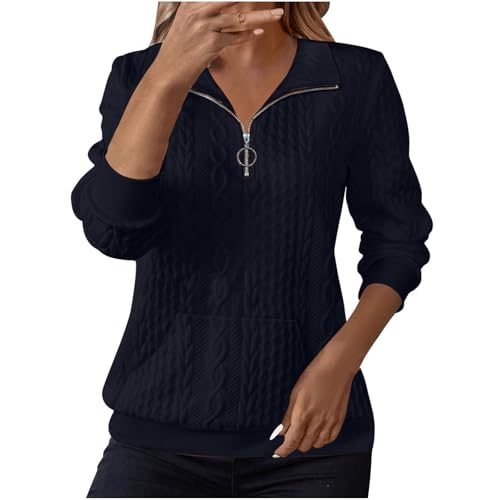 Sweatshirts for Women Cable Knit Jumpers Lapel Half Zip Pullover Ladies Thermal Sweatshirt Long Sleeve Tops Winter Autumn Sweaters Warm Tunics for Office Work Daily Going Out Wear Navy