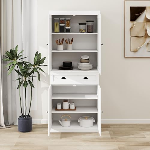 Locsear 71\" Tall Pantry Cabinet with Drawer & 4 Doors, Versatile Storage Cabinet with Adjustable Shelves for Kitchen, Laundry Room, Living Room, Bathroom, White - Thumbnail 6