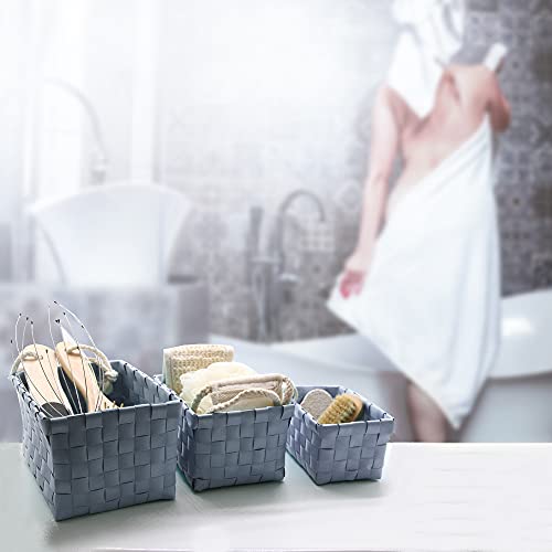 Evideco Checkered Woven Strap Storage Utilities Shelf Baskets Gray Set Of 3 #TOP1