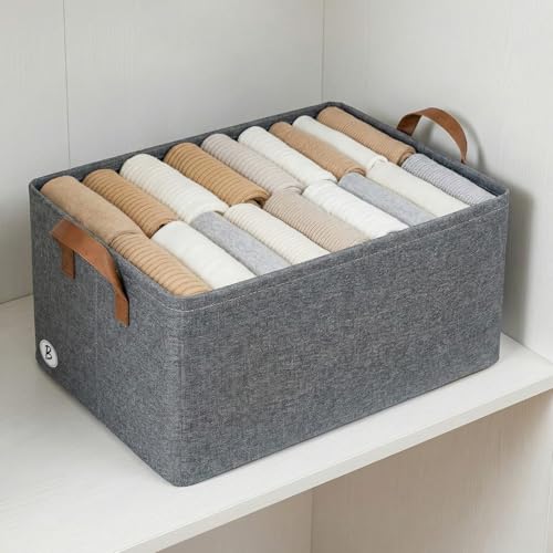 Image of CRAE Pack of 1 Storage Baskets (46L x 27W x 19H CM) Non-Woven Foldable Wardrobe Organizer with Metal Frame Rectangle, Storage Box with Handles for Clothes, Books, Toys, Blankets & Closet Use.