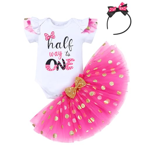 IBTOM CASTLE Cake Smash Half 1st 2nd 3rd Birthday Girl Princess Polka Dots Ruffle Skirt Set ONE Party Costume Headband2
