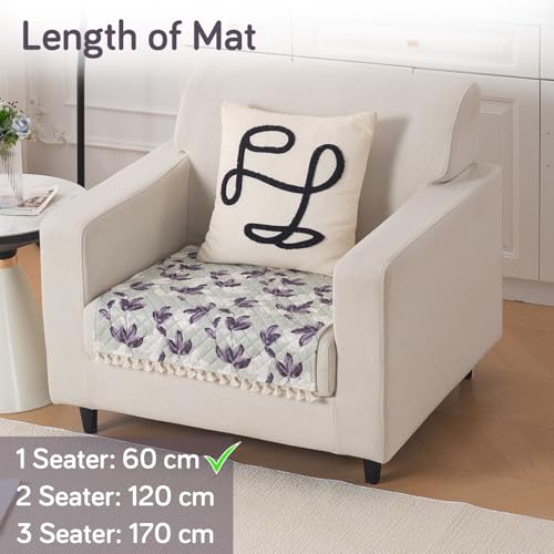 Image of HOKIPO Lavender Vine Quilted Sofa Cover Mat with Tassels for 1 Seater 'Tassel Twigs' Series (IN-982-T1)