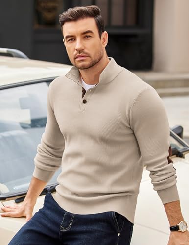 COOFANDY Mens Quarter Button Sweater Mock Neck Knit Pullover Sweaters Casual Fall Fashion Henley Sweater3