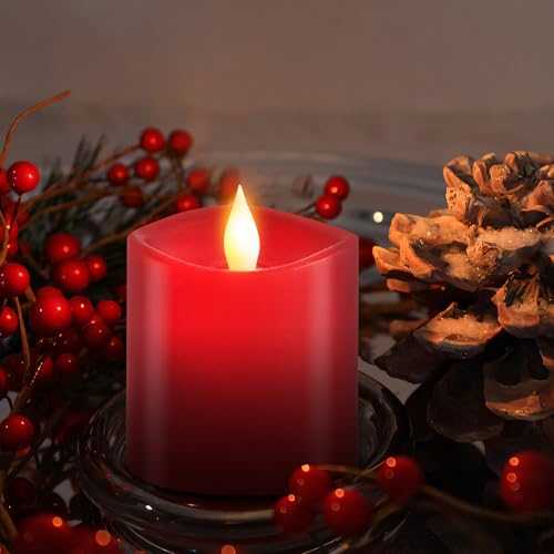 Image of 3x3 Flickering Flameless Candles Set of 1, Real Wax Pillar LED Candles Flickering, 3 inch Flameless Candles with Remote,Battery Powered Candles, for Party /Wedding,Red