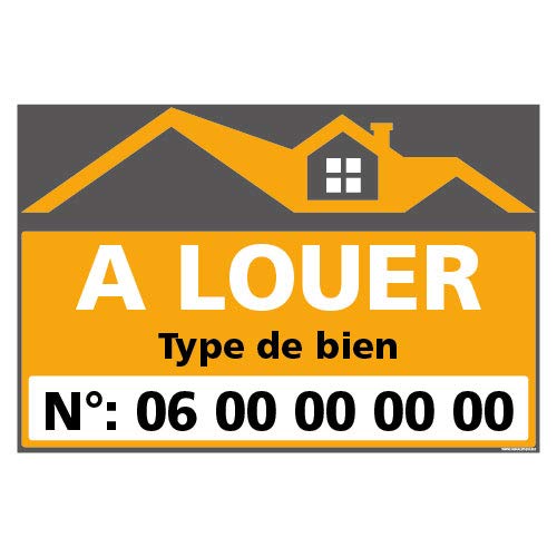 Signalétique.biz France - Panneau Immobilier Personnalisable à Louer avec Oeillets aux 4 Coins - Orange - AKILUX 3,5mm - Dimensions 600x400 mm