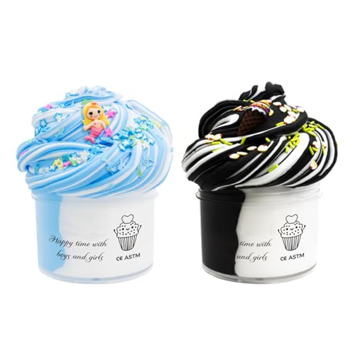 YAFLUG 2 Piezas De Set De Slime Para Niñas: Slime Azul Sirena Y Slime Blanco Y Negro Helado Esponjoso, Divertido Y Sensorial, Set De Slime Diy Para Niños Y Adolescentes, Regalos Para Fiestas De Slime