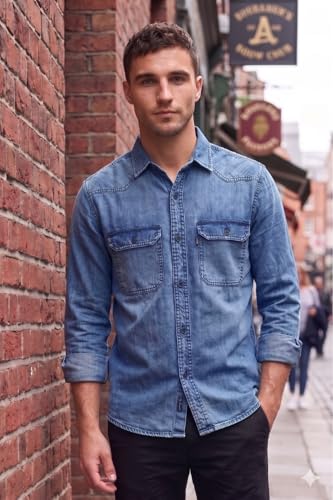 Image of Louis Philippe Men's Slim Fit Classic Denim Wash Stylized Fashion Full Sleeve Casual Shirt
