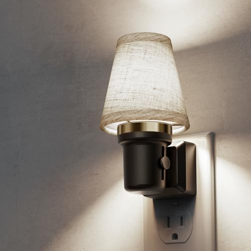 Image of L LOHAS LED Night Lights Plug into Wall, Linen Fabric Round Platform Decor Night Light, Dusk to Dawn Sensor Vintage Nightlight, 5000K Daylight 0-100LM Dimmable, for Bedroom Living Room Hallway