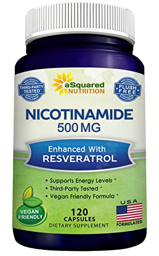 asquared nutrition nicotinamide with resveratrol - 120 veggie capsules - vitamin b3 500mg niacinamide flush free - supplement pills to support nad skin cell health amp energy