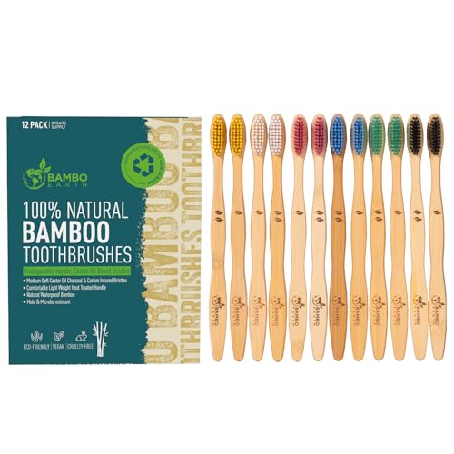 BAMBOEARTH 12 Pack Bamboo Toothbrush - 100% Natural Vegan Biodegradable