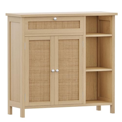 Irontar CWG001M Bathroom Cabinet With Rattan Doors, Bathroom Floor Cabinet With Open Storage & Adjustable Shelf, Coffee Bar cover