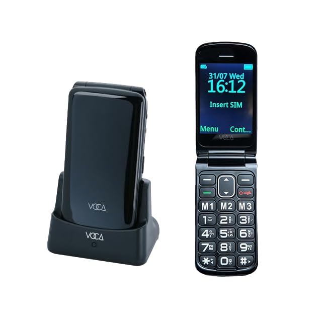 Teléfono plegable VOCA con botones grandes para personas mayores | 4G LTE libre | Volumen alto | Botón SOS | Marcación rápida | Texto predictivo | Base de carga | V340 (Negro)