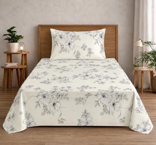 Image of DECOR2ADMIRE 300 Thread Count Premium Cotton Printed Single Bedsheet with One Pillow Covers for Home 60 Inches x 90 Inches (Classic White Floral, Single 60 inch x 90 inch)