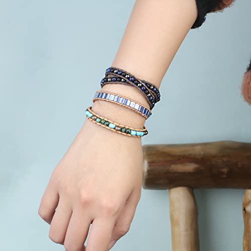 Image of KELITCH Double Wrap Bracelet Women Hand-Braided Turquoise Beads Bracelets Boho Leather Bracelets Bangle