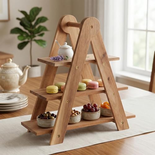 Doğal Akasya Ahşap 3 Katlı Sunum Standı; 37x12.3x37.5 cm Çok Amaçlı Katlı Servis Tepsisi, Kurabiyelik ve Peynir Sunumluğu