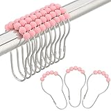 Amazer Shower Curtain Hooks Rings, Stainless Steel Shower Curtain Rings and Hooks for Bathroom Shower Rods Curtains-Set of 12-Pink