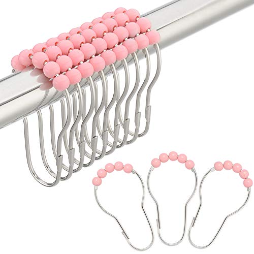 Amazer Shower Curtain Hooks Rings, Decorative Shower Curtain Hooks Stainless Steel Shower Curtain Rings and Hooks for Bathroom Shower Rods Curtains-Set of 12, Acrylic Pink