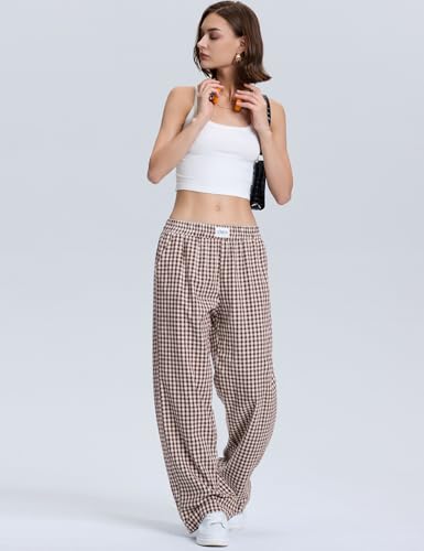 LOMON Women's Striped Gingham Boxer Pants Cotton Pajama Lounge Pj Casual Plaid Trousers Y2K Beach Bottoms with Pockets4