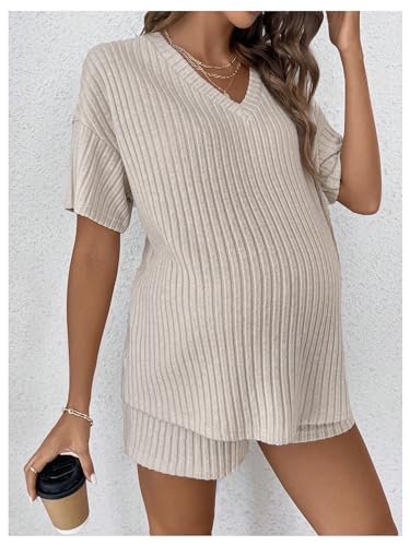 Image of MakeMeChic Women's Maternity 2 Piece Sets Ribbed Shirt and Biker Shorts | Cute Pregnancy Outfits,Maternity Pajamas,Lounge Set,Short Sleeve Top,Summer Vacation,Bump Friendly