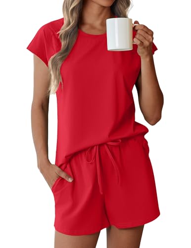 Image of Ekouaer Cotton Pajamas for Women Set 2 Piece Cap Sleeve Pjs Shorts Set Lounge Sets Sleepwear S-XXL