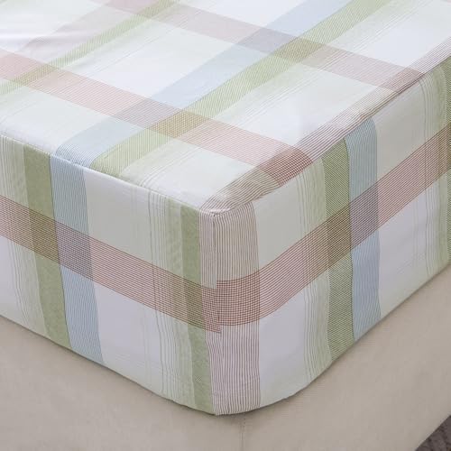 Image of Bedding Fitted Sheet with Deep Pocket,Modern Design Light Green Linellae Pattern Printed Fabric Bed Sheets (Green Checkered, Queen)