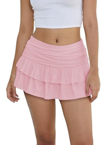 GDENZL Ruffle Skirt - Pink Mini Summer Y2K Tiered Fold Over Skorts Small