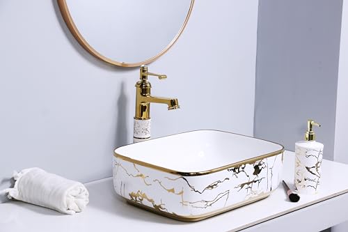 Image of LUXART Rectangular Ceramic Vessel Sink, White with Gold Marble Pattern Design, 16 x 12 x 6 Inch Luxury Tabletop Wash Basin for Bathroom Vanity, Hotel & Guest Rooms