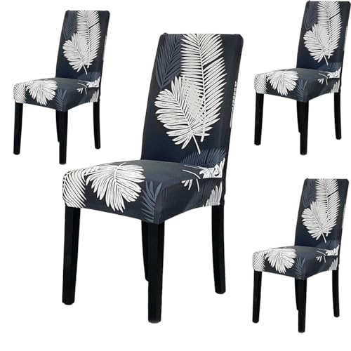 Image of Styleys Chair Covers for Dining Room, Stretch Dining Chair Cover, Washable Spandex Kitchen Chair Slipcovers (Set of 4, White Fern, SD3214)