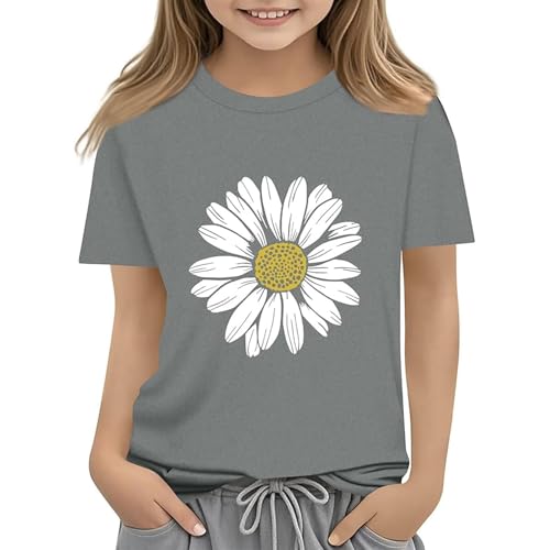Image of T Shirts Kids Girls Crewneck Short Sleeve Trendy Graphic Flower Tshirts Teenage Girls Summer Comfy Cartoon Cute School Casual Sports Children Tunic Tops Age 3-13 Years (Grey, 10-11 Years)