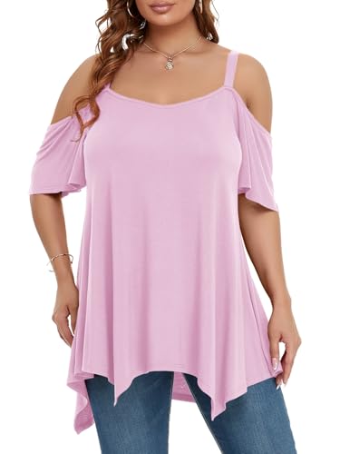 Image of LARACE Cold Shoulder Tops for Womens Summer Clothes Spaghetti Strape Tunic Oversized Shirts Asymmetrical Plus Size Blouse