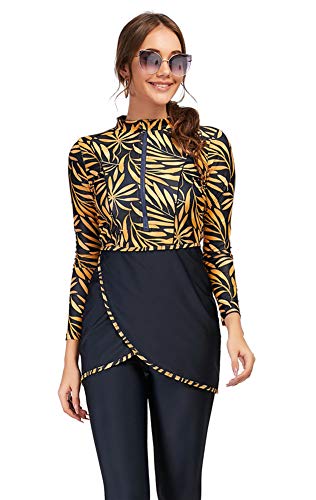 Alaysom Womens Modest Swimwear Swimsuit Muslim Swimwear Hijab Swimming Beachwear Long Sleeve Surfing Suit (Gold Leaf,S),Small