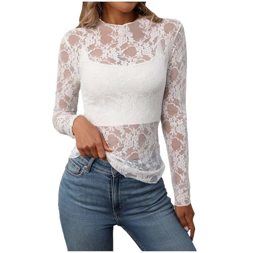 Durchsichtige Oberteil Damen Sheer Mesh Langarmshirt Top Sexy Spitzen Blumenmuster Stehkragen Netzoberteil Langarm Transparentes Layering Tops Frauen Casual Netz Shirts Bluse Tunika Party (White, M)