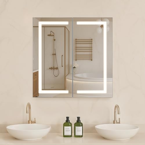 VEVOR Armoire Murale ou Encastrée Salle de Bain 65x65 cm, Armoire de Toilette avec Miroir HD et LED 3 Couleurs à Intensité Variable, Fonction de Désembuage...