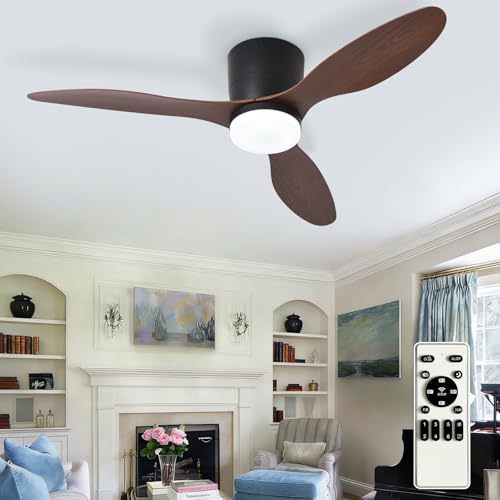 Image of Depuley Flush Mount Ceiling Fan: 42-Inch Black Ceiling Fans with Lights for Bedroom Indoor Outdoor - Low Profile Ceiling Fans with Remote Control 24W 3CCT Dimmable 3 Reversible Walnut Blades 6 Speeds