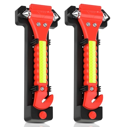 Arvoni 2 Piezas Martillo Rompe Cristales Coche, Rompecristales 2 en 1 con Reflector para Uso Nocturno, Rompe Cristales y Cinturones con Base, Accesorios de Auto para Situaciones de Emergencia