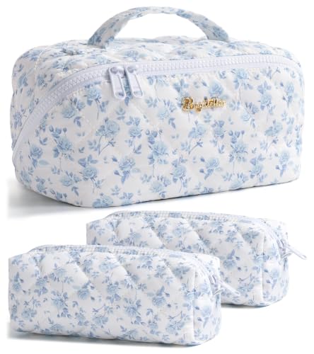 Image of Travel Makeup Bag, Large Capacity Puffy Toiletry & Cosmetic Bag for Women | 3 PCS Open Flat Quilted Makeup Cosmetic Organizer, Waterproof w /Clear Divider Portable Pouch for Skincare Travel Essentials