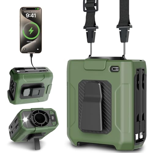 Tragbarer Taillen Clip Ventilator Ventilator Akku 10000mAh Wiederaufladbare 5 Gebläsestufe 18000RPM Mit Powerbank Funktion und LED-Beleuchtung für Outdoor Bauarbeiter Sommerreisen (Olivgrün)